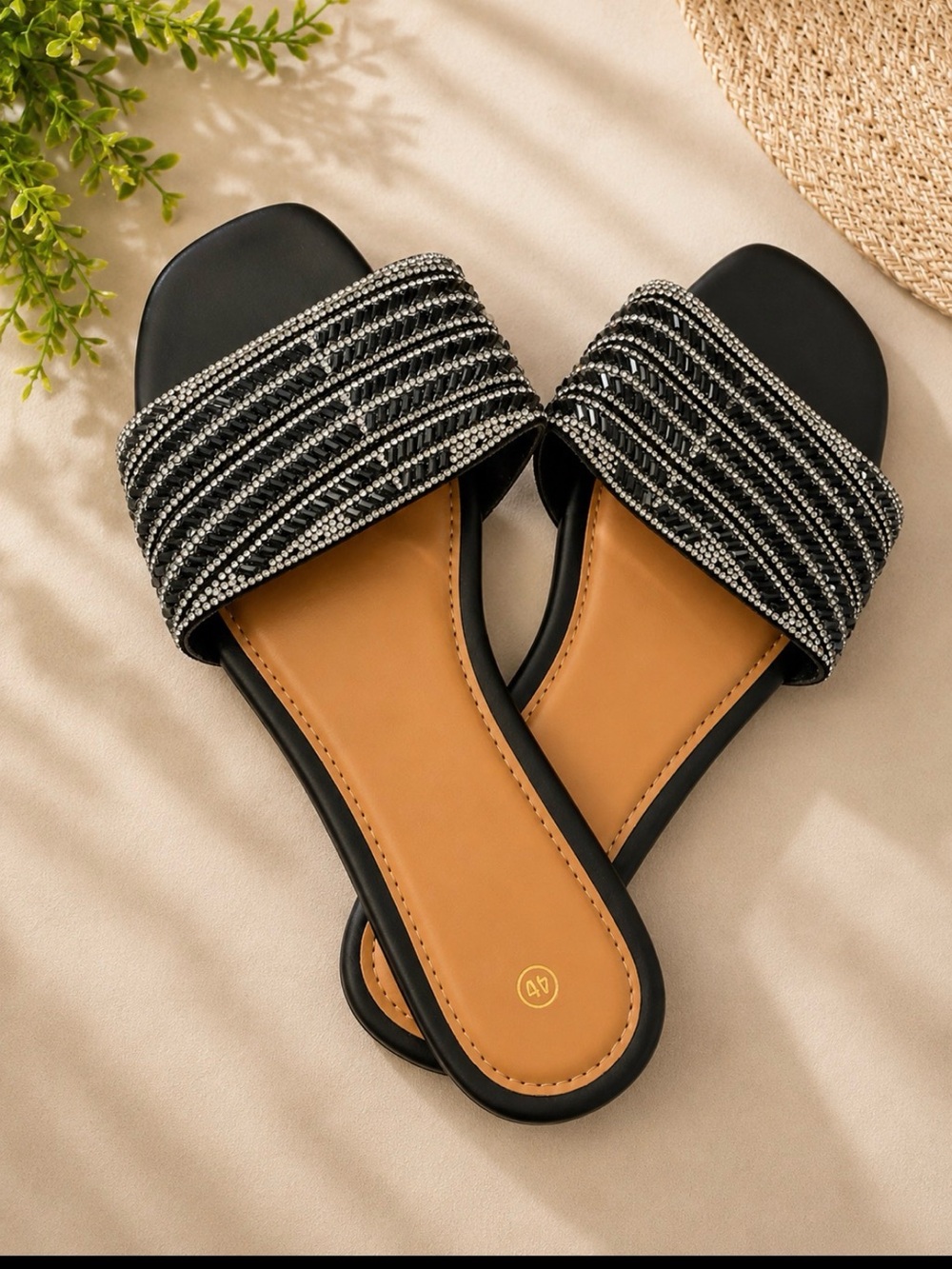 Beaded Black Slide Mules with Rhinestone Detail